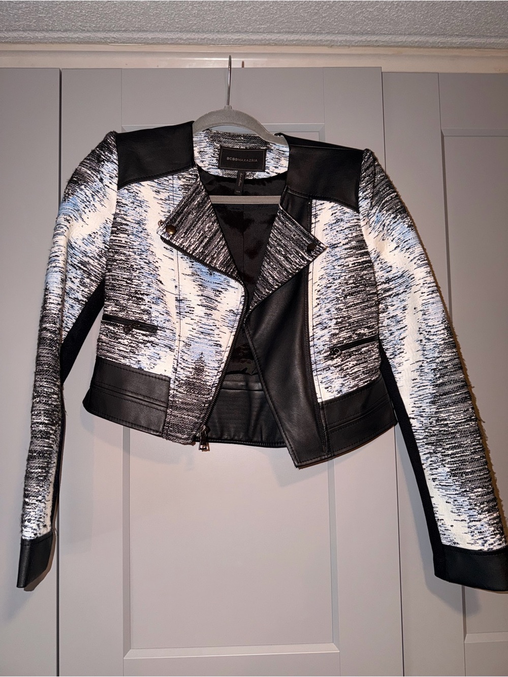 BCBGMaxAzria mix Textured Moto Jacket with Faux-Leather Trim